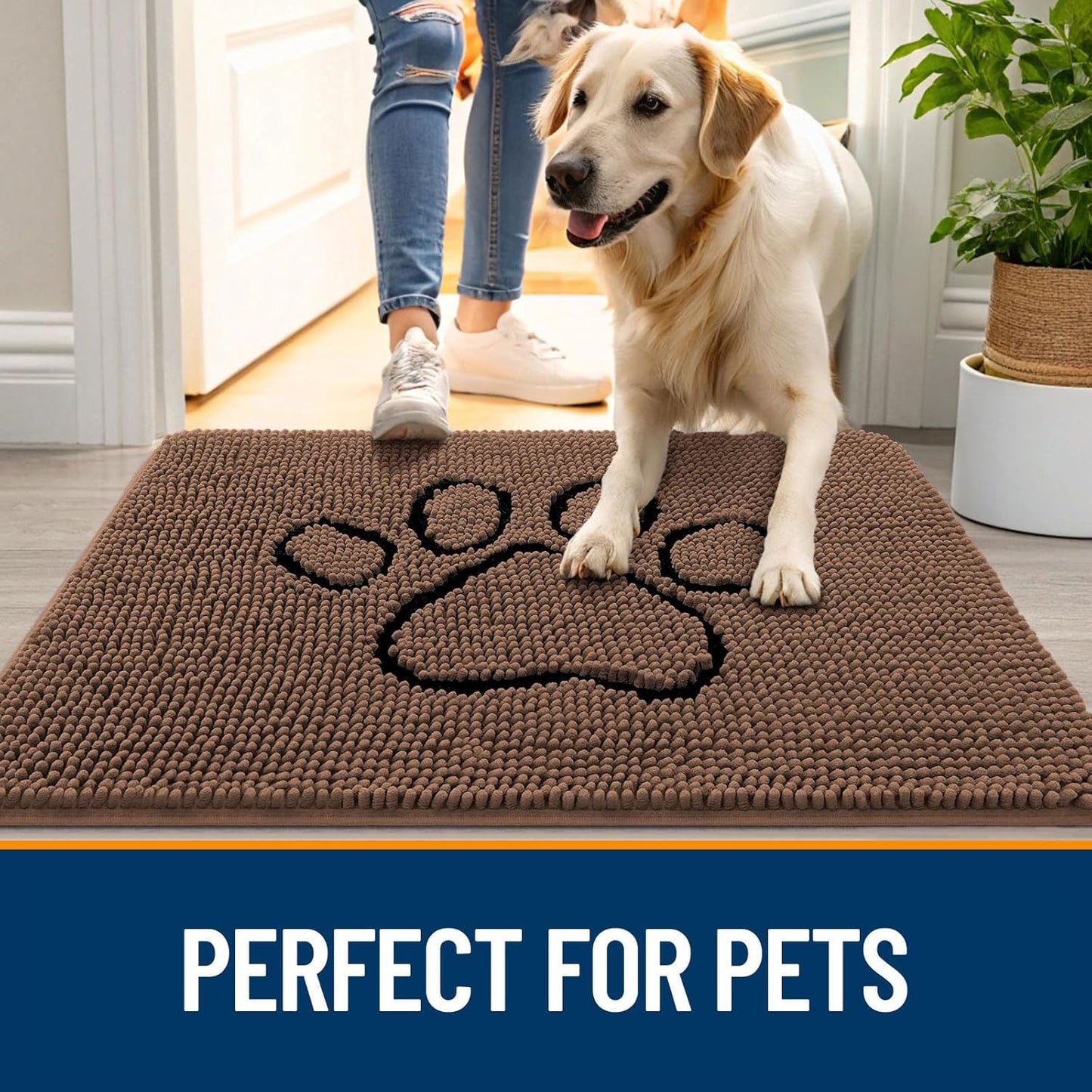 OLANLY Door Mat for Muddy Dog Paws 48x30, Ultra Absorbent Chenille Mud Doormat with Paw Print Design, Non-Slip Washable Doormat for Indoor Entryway, Quick-Dry Pet Bed Mats for Dirty Dogs, Mocha
