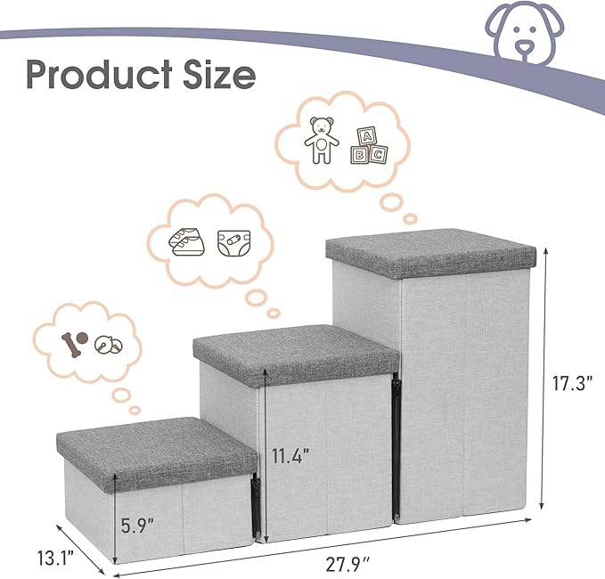 Heeyoo Dog Stairs with Storage, Foldable Dog Steps for Small Dogs, 3 Tiers Non-Slip Pet Stairs for High Beds Or Couch and Sofa, Hold up to 200 lbs Pet Cat