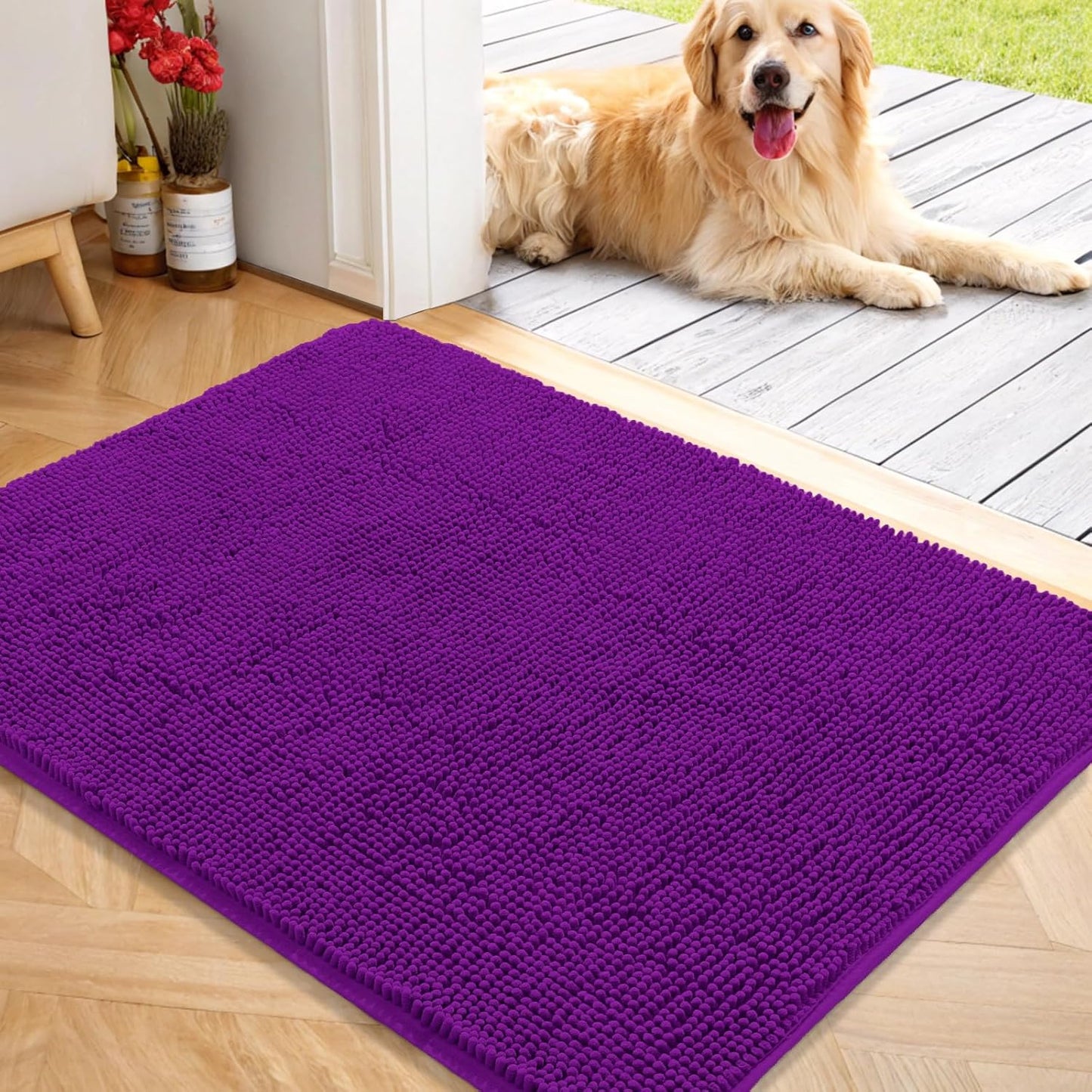 OLANLY Dog Door Mat for Muddy Paws 40x32, Absorbs Moisture and Dirt, Absorbent Non-Slip Washable Doormat, Quick Dry Chenille Mud Mat for Dogs, Entry Indoor Entryway Carpet for Inside Floor, Purple