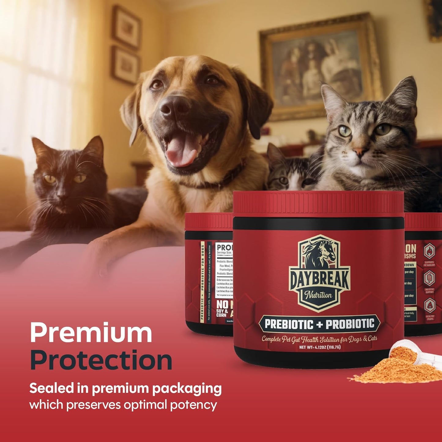 Probiotics for Cats & Dogs - 6 Billion CFU Prebiotic & Probiotic Powder - 8 Strains Pet Digestive Support - Gut Health Supplement with Flaxseed & Pumpkin - 30 Day Supply with Scoop