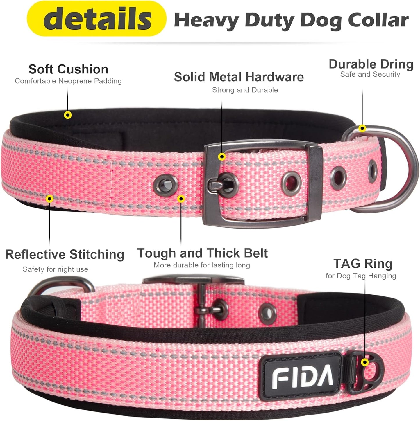 Fida Heavy Duty Dog Collar, Ultra Comfortable Soft Neoprene Padded, Adjustable Reflective Nylon Pet Collar with Durable Metal Belt Buckle for Small Breeds (S, Pink)