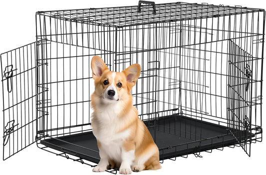FDW 30 inch Dog Crate Dog Kennel Cage with Double Door Folding Metal Wire Dog Cage with Removable Tray&Divider Panel,Pet Crate for Medium Dogs,Black