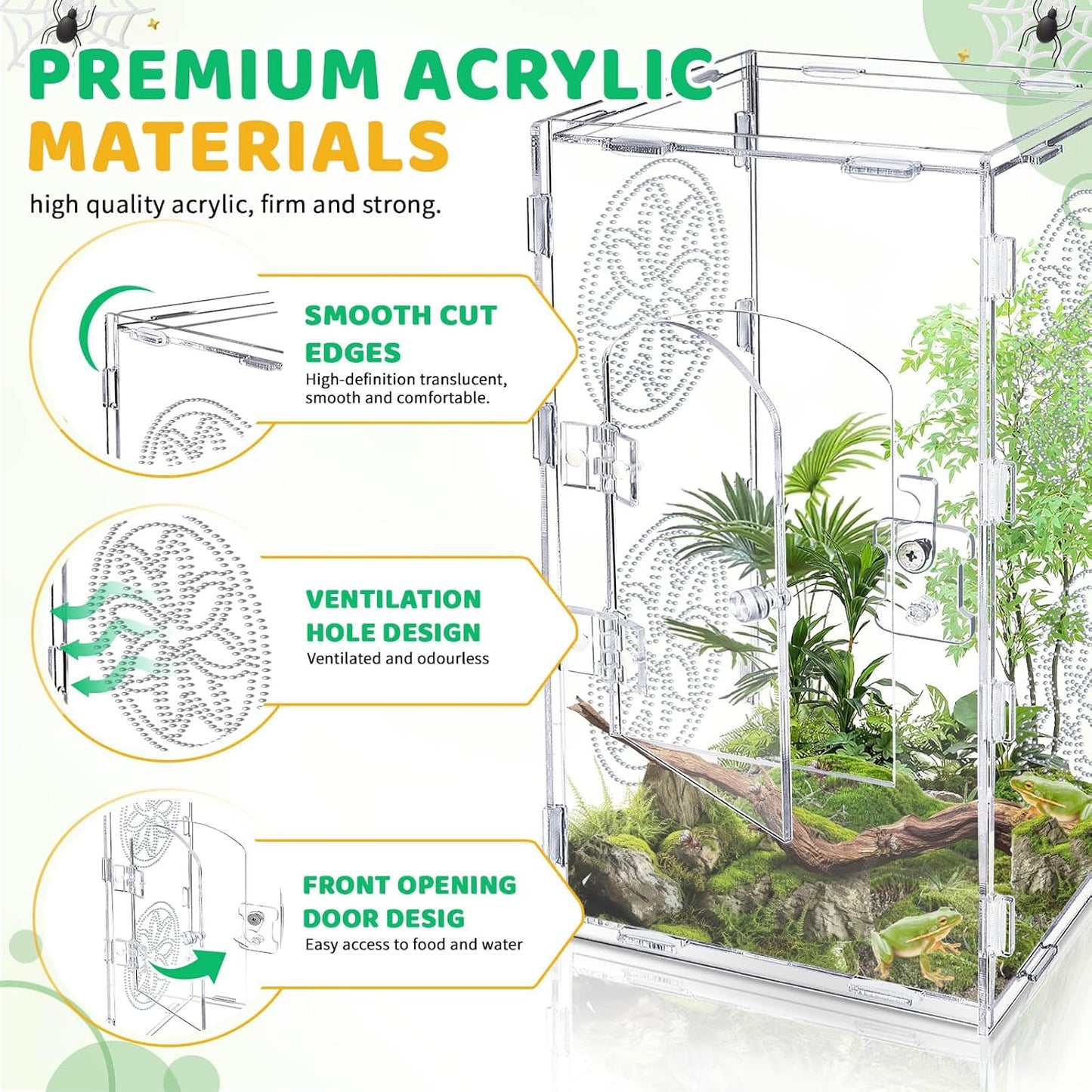 Jumping Spider Enclosure, 12x6x6 Inch Acrylic Tarantula Enclosure, Jumping Spider Accessories with Front Opening Door
