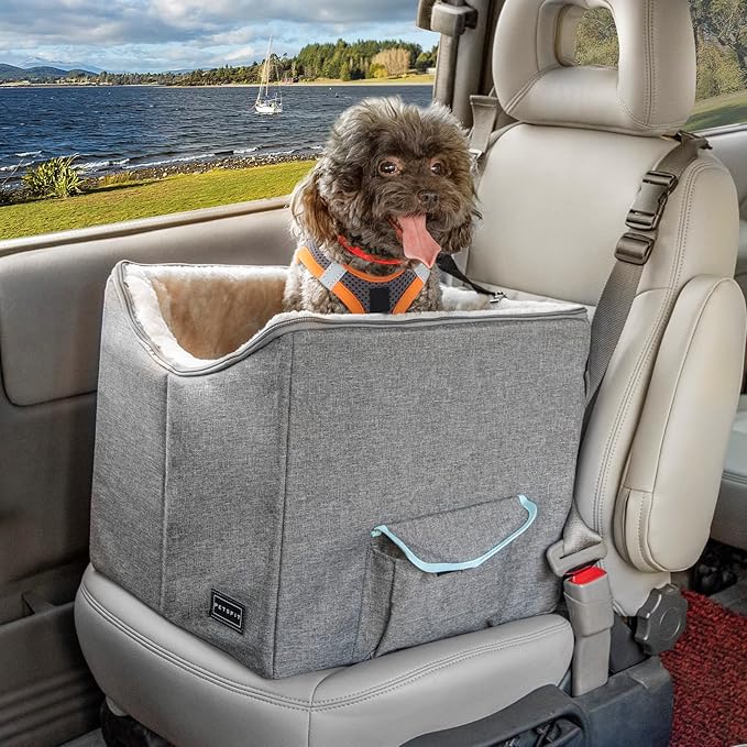Petsfit Small Dog Car Seat, Pet Travel Car Booster Seat with Safety Belt, Washable Double-Sided Cushion and Storage Pocket for Small Pet (Small, Light Grey)