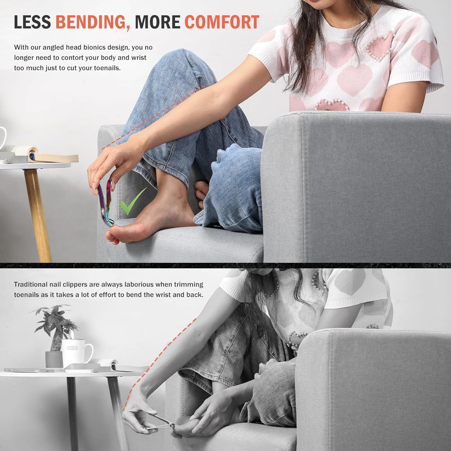 BEZOX Angled Head Toe Nail Clippers for Seniors - Ergonomic Toenail Clipper for Thick Nails for Elderly, Finger Nail Clippers with Catcher for Men and Women - Rainbow