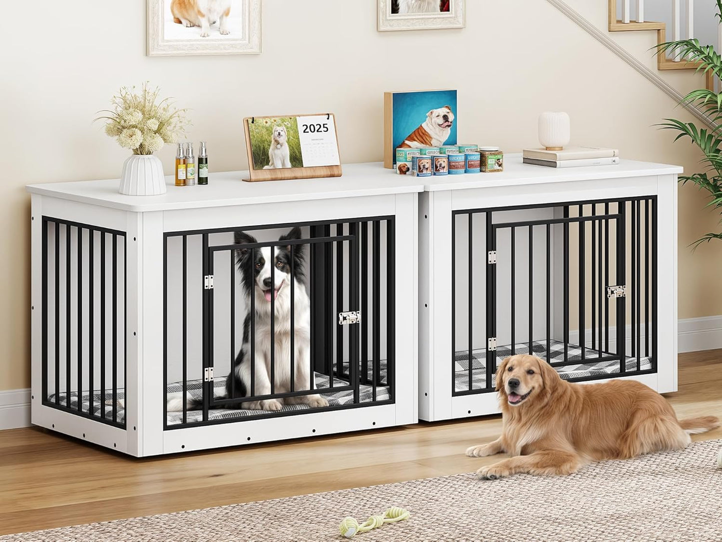 YITAHOME 76 Inch Double Dog Crate Furniture, XXL Dog Crate Furniture for 2 Dogs, Side End Table, Waterproof Top, Safety Corners, 2-in-1 Iron-Wood Fusion Dog Kennel Furniture for 2 Large Dogs,White
