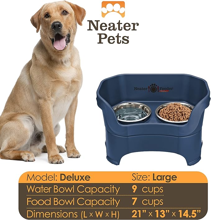 Neater Pet Brands Neater Feeder Deluxe Mess Proof Dog Bowls Elevated for Large Dogs Over 40 lbs, Made in USA, No Spill Raised Dog Food Bowl Stand Feeding Station, Food and Water Bowl Set, Dark Blue
