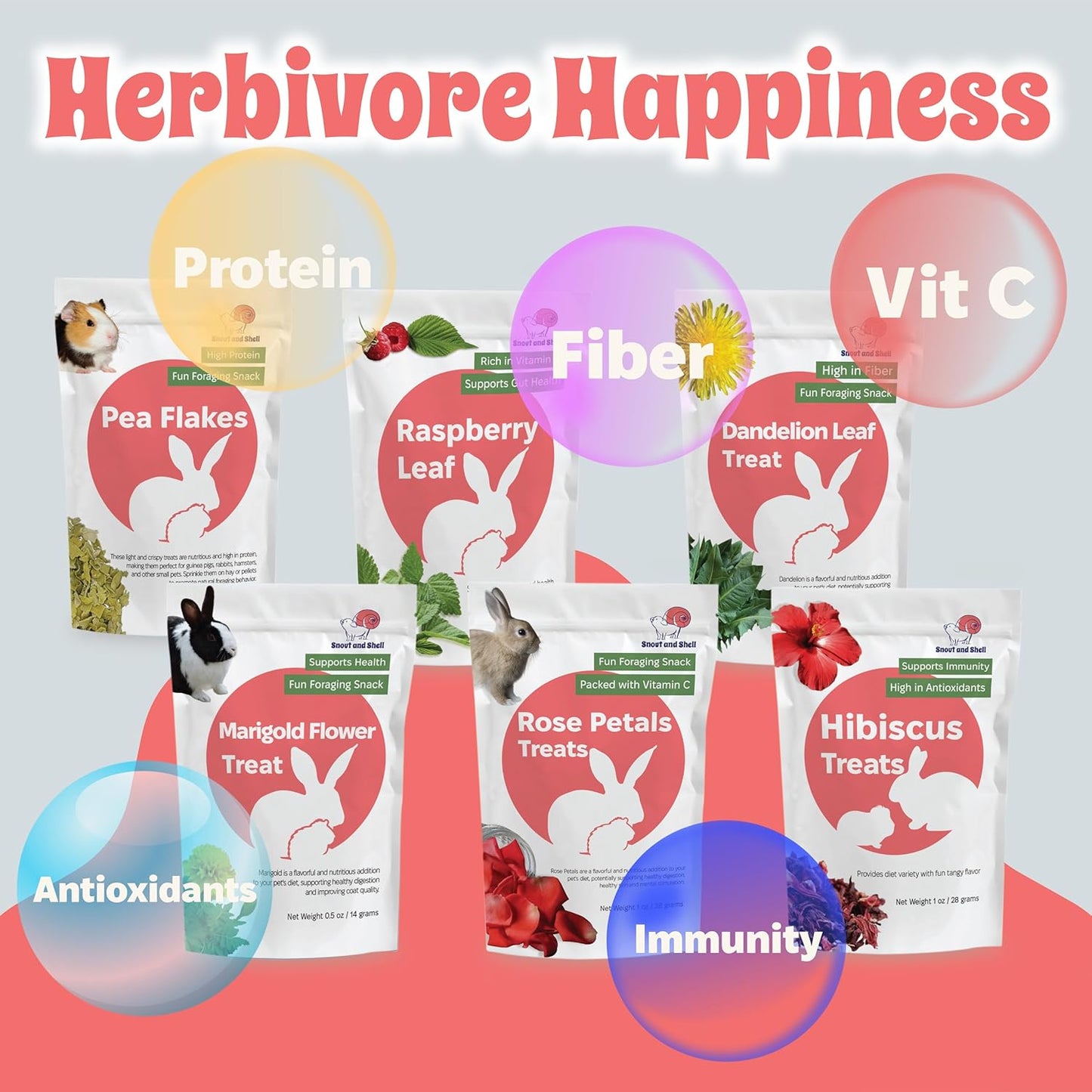 Snout and Shell Small Pet Mega Pack – 6 Natural Treats: Pea Flakes, Dandelion, Raspberry Leaf, Marigold, Rose Petals & Hibiscus – For Rabbits, Guinea Pigs, Chinchillas & More – Foraging & Health Boost