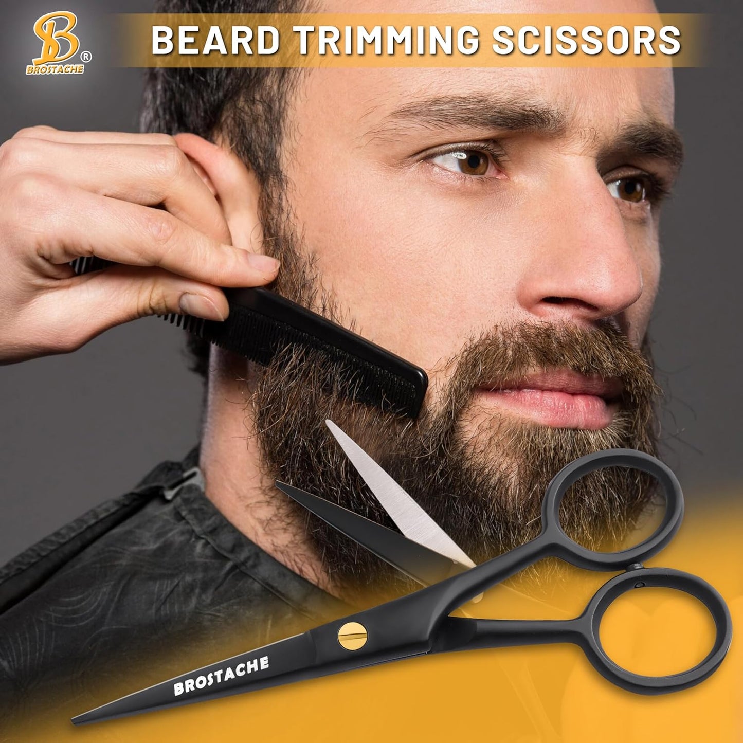 5” Professional Beard and Mustache Scissors, German Steel Beard Scissors Come with Mustache Comb, Beard Comb and Carrying Pouch. Grooming Scissor for All Facial Hair Scissors (Black).