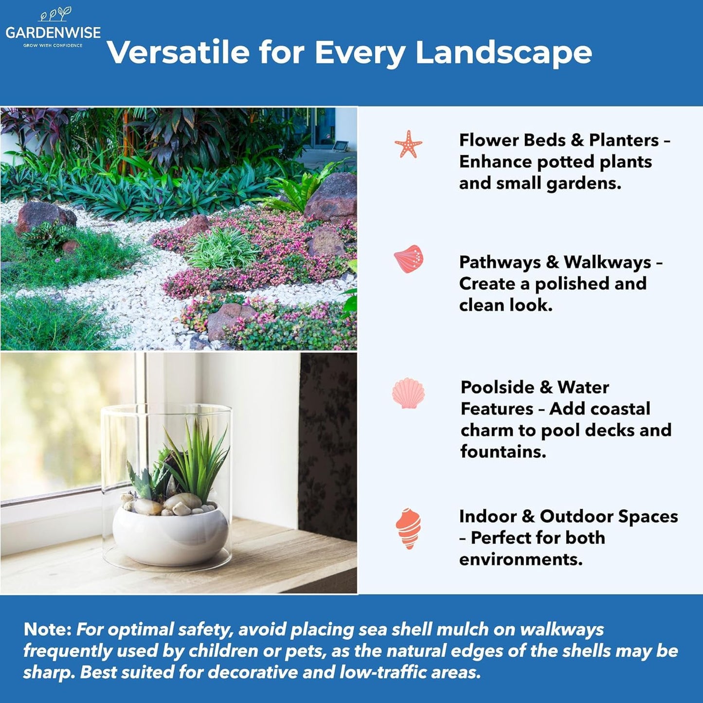 Natural Organic Sea Shell Mulch for Gardens and Landscaping – Decorative and Nutrient-Rich, 0.5–3-Inch Shells, Perfect for Indoor and Outdoor Use (0.2 CF - 4.8 L - 5 QTS)