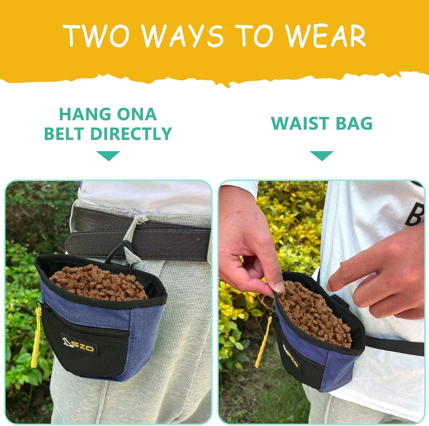 SZO Dog Treat Pouch with Pet Training Clicker, Dog Training Treat Pouch with Waist Belt Clip, Magnetic Closure, Hands-Free Training - Black&Purple