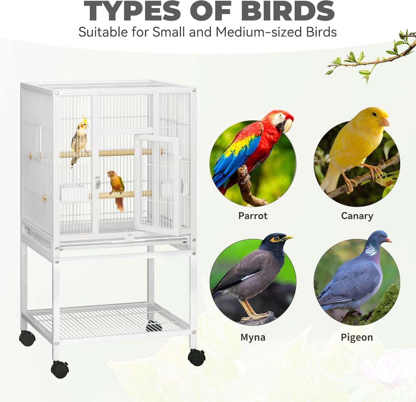 YITAHOME 41 inches Metal Bird Cage for Parakeets: Large Parrot Cages with Tray, Food Boxes, and Wooden Perches with Rolling Stand & Brakes for Lovebirds Cockatiels Pigeon Finches, White