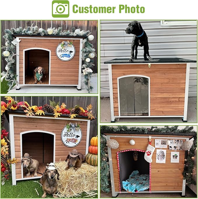 GUTINNEEN Dog House Outdoor Weatherproof with Anti-bite Metal Frame Large Indoor Wooden Dog Kennel for Medium to Large Dogs, 43.3" L × 29.4" W × 33.4" H