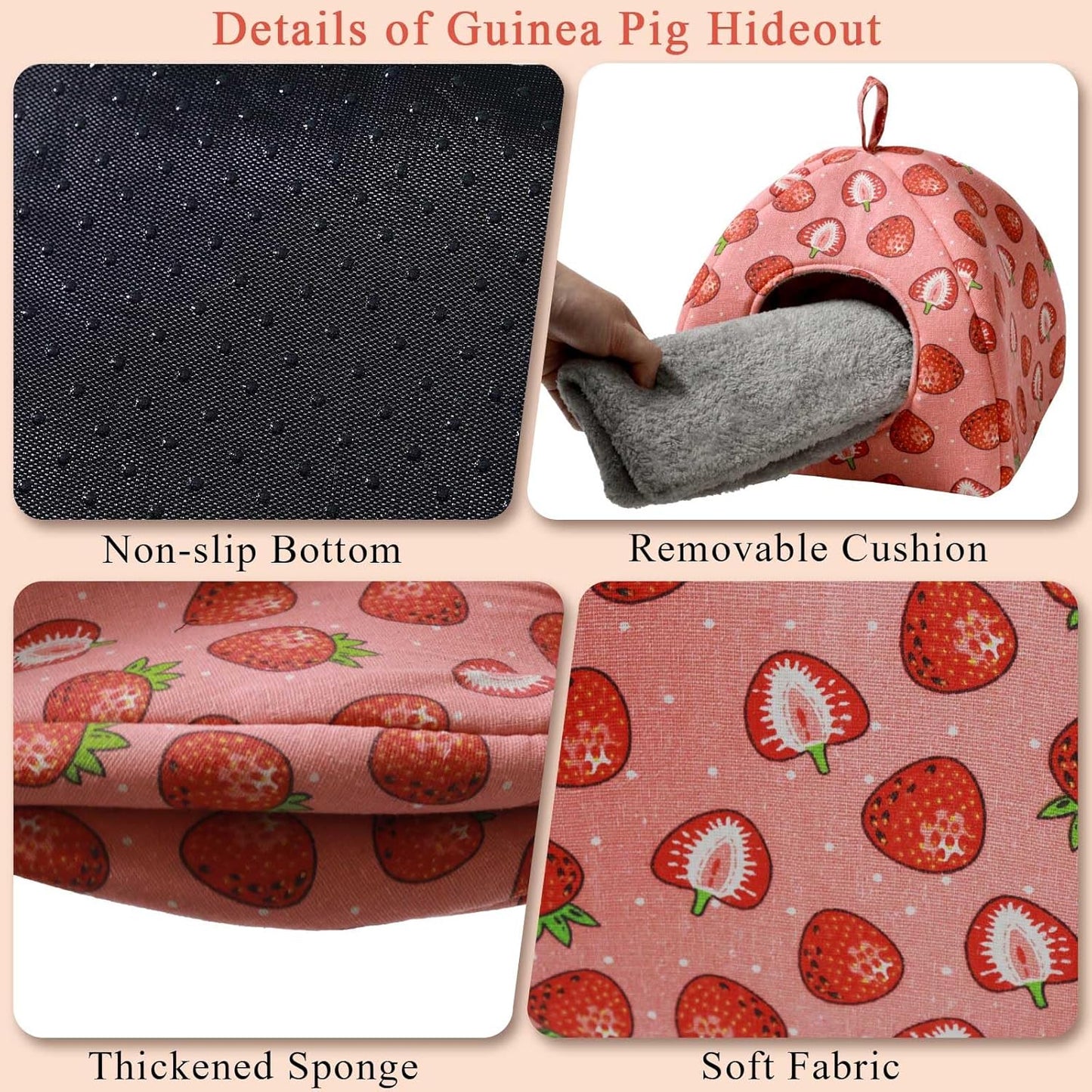JSPYFITS Guinea Pig Hideout Bed Rabbit House Cave Accessories Cozy Hide-Out Guinea Pig Bed Washable Cage for Small Pet Hamster Ferret Rabbit Bunny Pink Strawberry