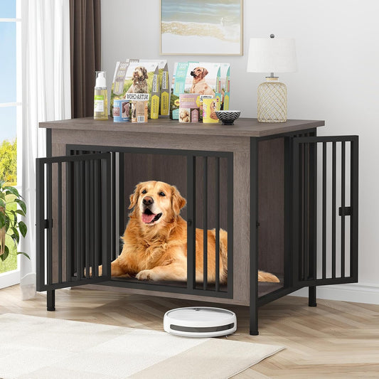 EasyCom 39.96" XL Wooden Large Dog Crate Furniture for Medium and Large Breed, Chew-Resistant Dog Kennel Furniture Indoor with 2 Doors and 3.94" Raised Feet, as TV Stand, End Table, Crate Table