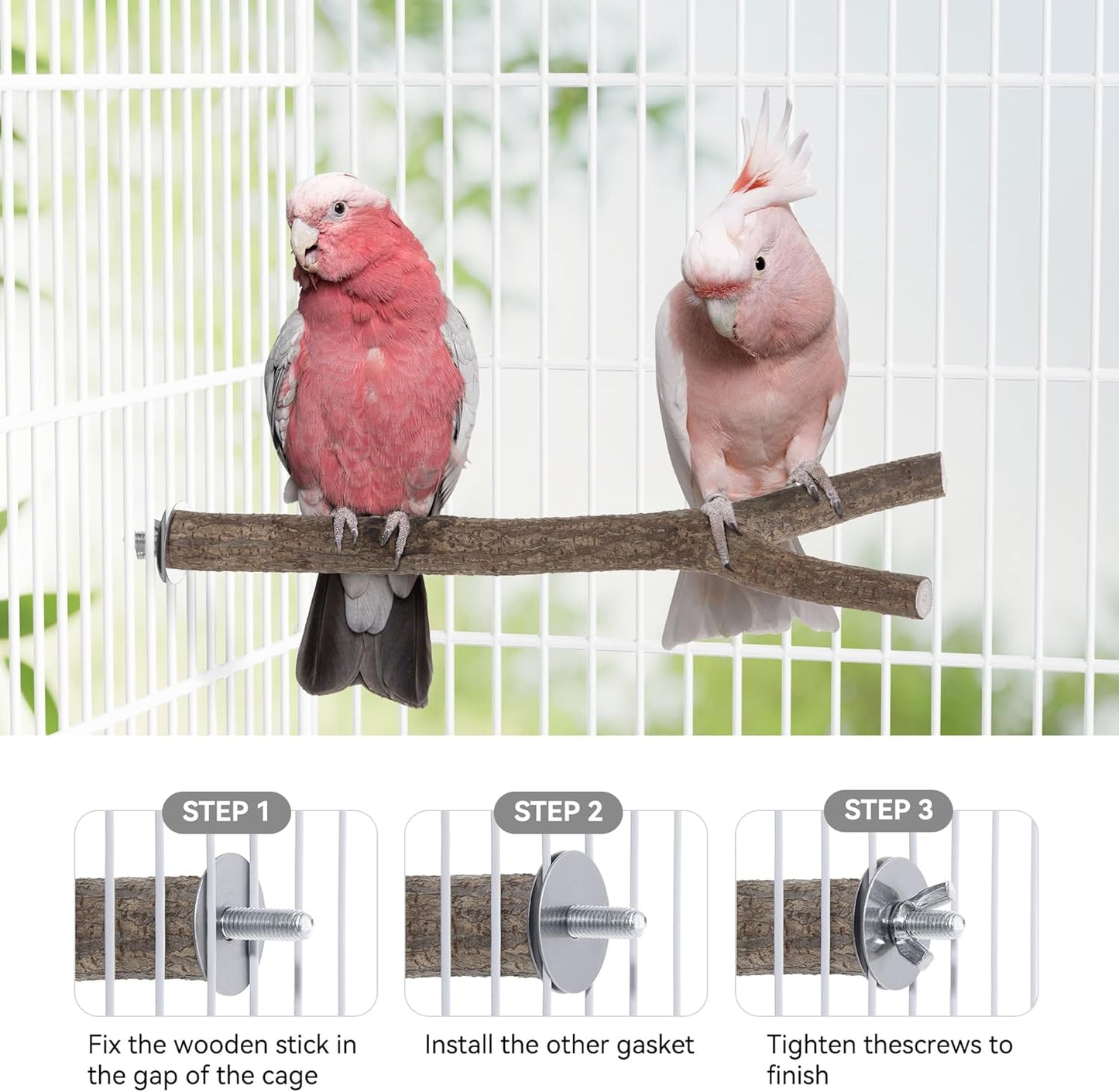 Niteangel Natural Wooden Perches for Bird Cages - Ideal for Cockatiels, Parakeets, Finches & Other Caged Birds (Natural Bark, 2 Pack)