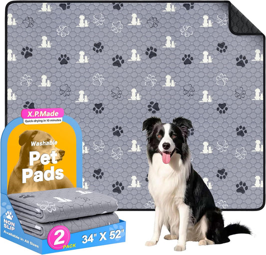 Washable Pee Pads for Dogs, 2 Pack Reusable Puppy Pads, Waterproof Pet Pee Pads for Dog Potty Training, Extra Large Dog Pee Pads for Crate, Playpen, and Whelping, Durable and Absorbent, Grey 34"x52"