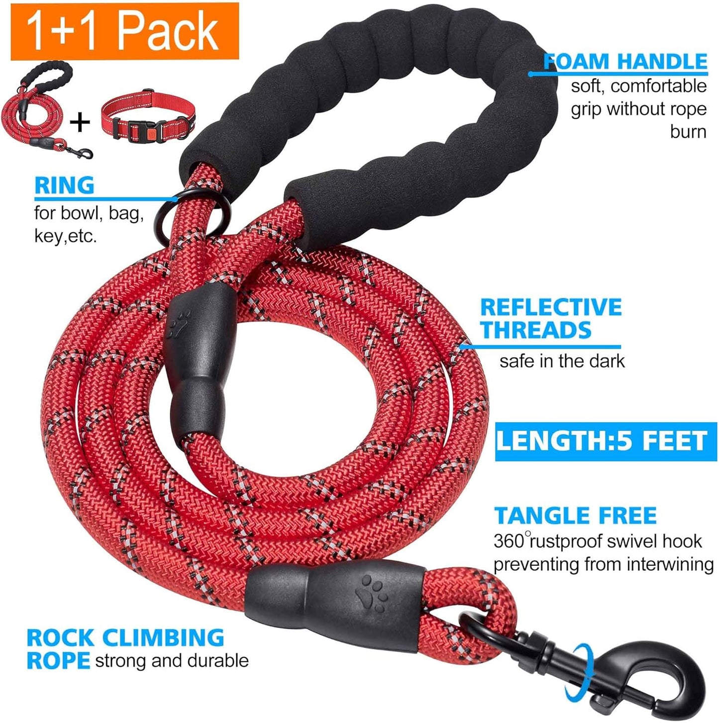 Heavy Duty Dog Leash - Comfortable Padded Handle, 5 ft Long - Dog Leashes for Small Medium Large Dogs (Leash+Collar S Neck 13.5"-16", Red)