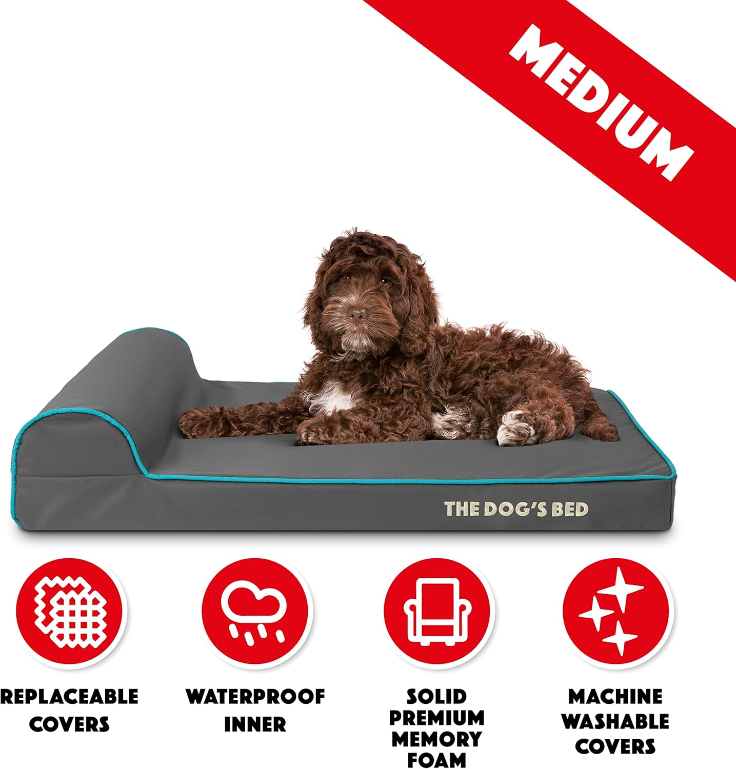 The Dog’s Bed Orthopedic Headrest Dog Bed Med Grey/Blue 34x22, Memory Foam, Pain Relief: Arthritis, Hip & Elbow Dysplasia, Post Surgery, Lameness, Veterinary Approved, Waterproof Washable Cover