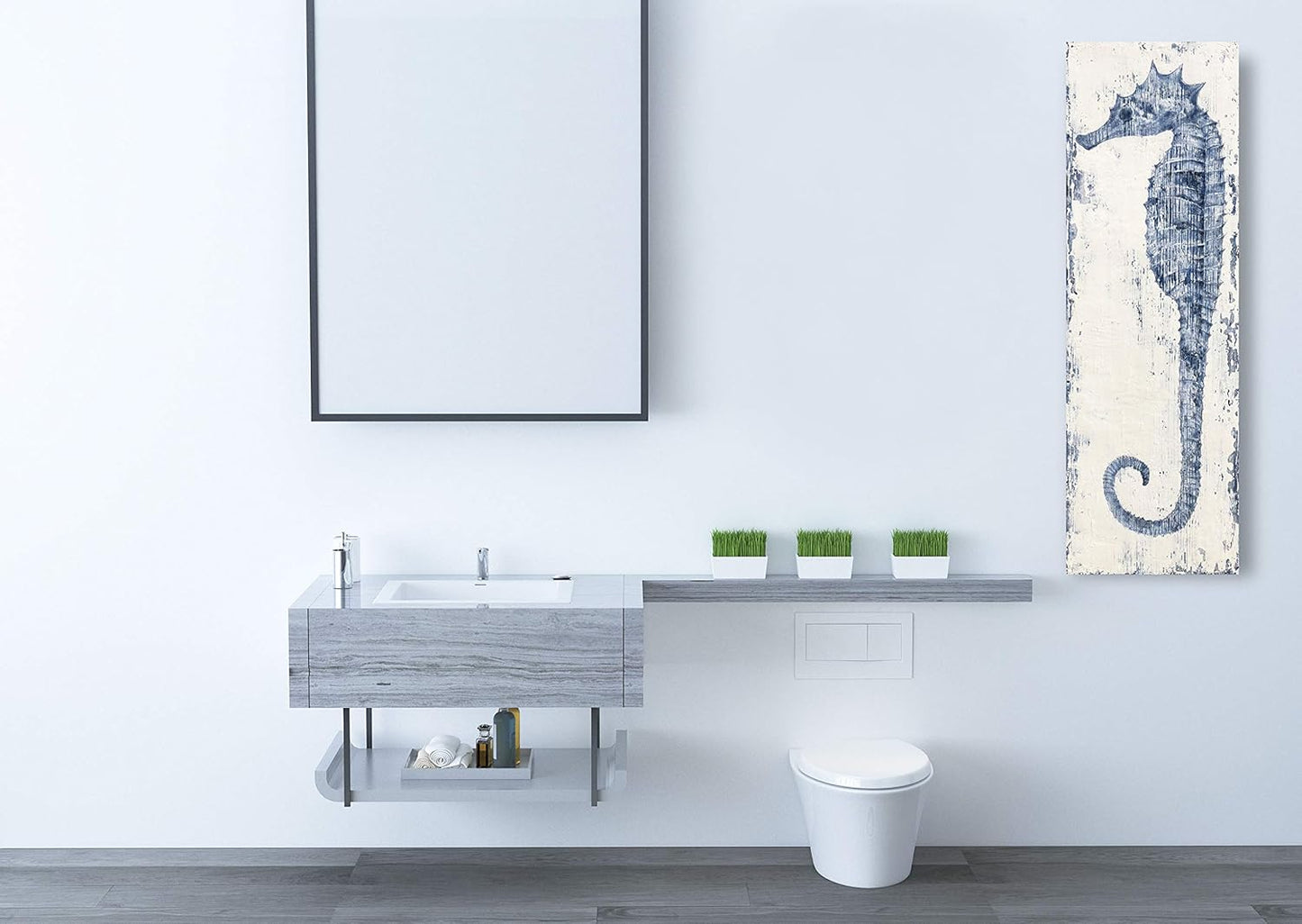 Yihui Arts, Seahorse Hand-Painted Wall Art on Canvas Abstract Artwork Art Wood Stretched Hanging Wall Decoration Sea Style Blue Painting for Home Decor