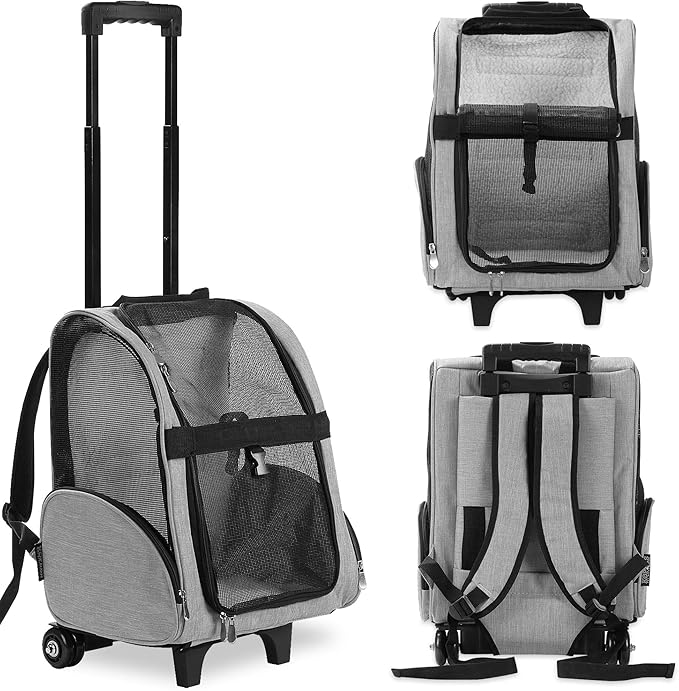 KOPEKS Deluxe Backpack Pet Travel Carrier with Double Wheels for Pets up to 10 Pounds - Black - Approved by Most Airlines