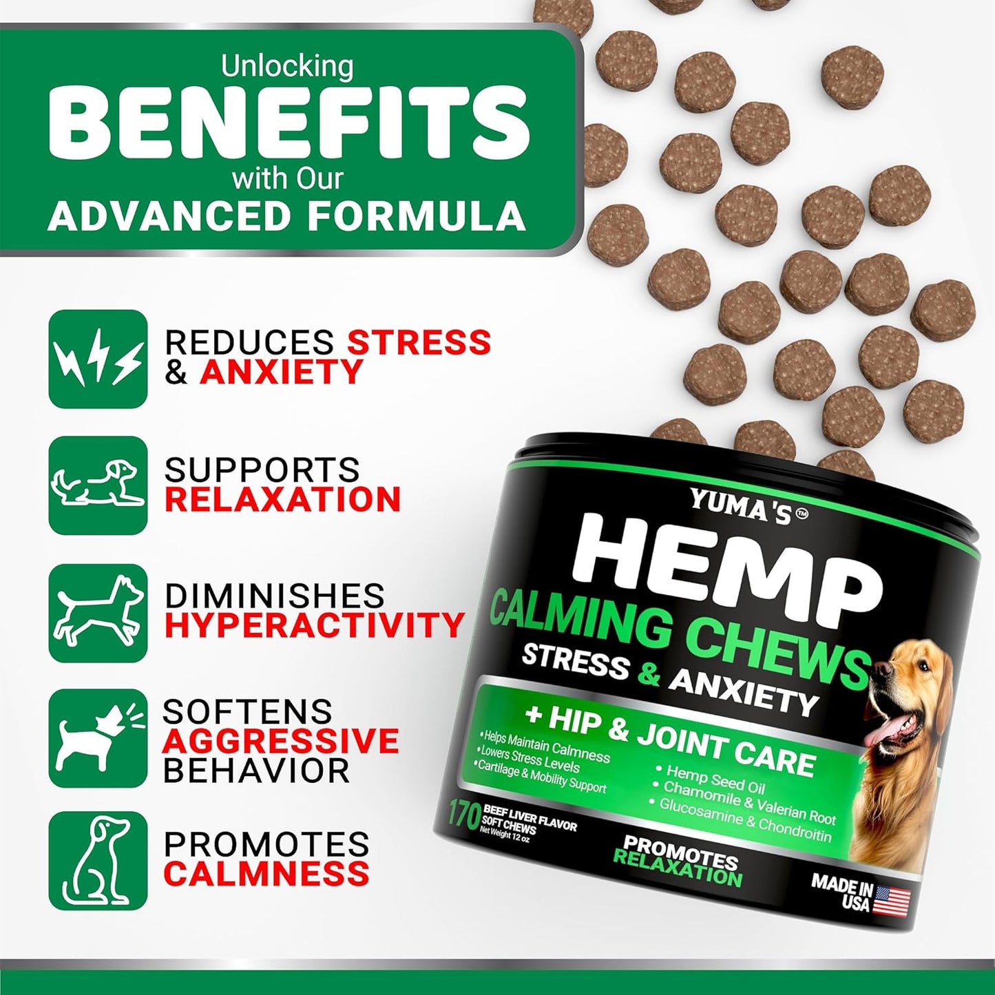 Hemp Calming Chews for Dogs - Advanced Dog Calming Chews - 170 Treats - Anxiety Relief Treats - Hemp Oil - Separation Aid, Stress, Hip and Joint Supplement for Canine Health Support - Beef Flavor