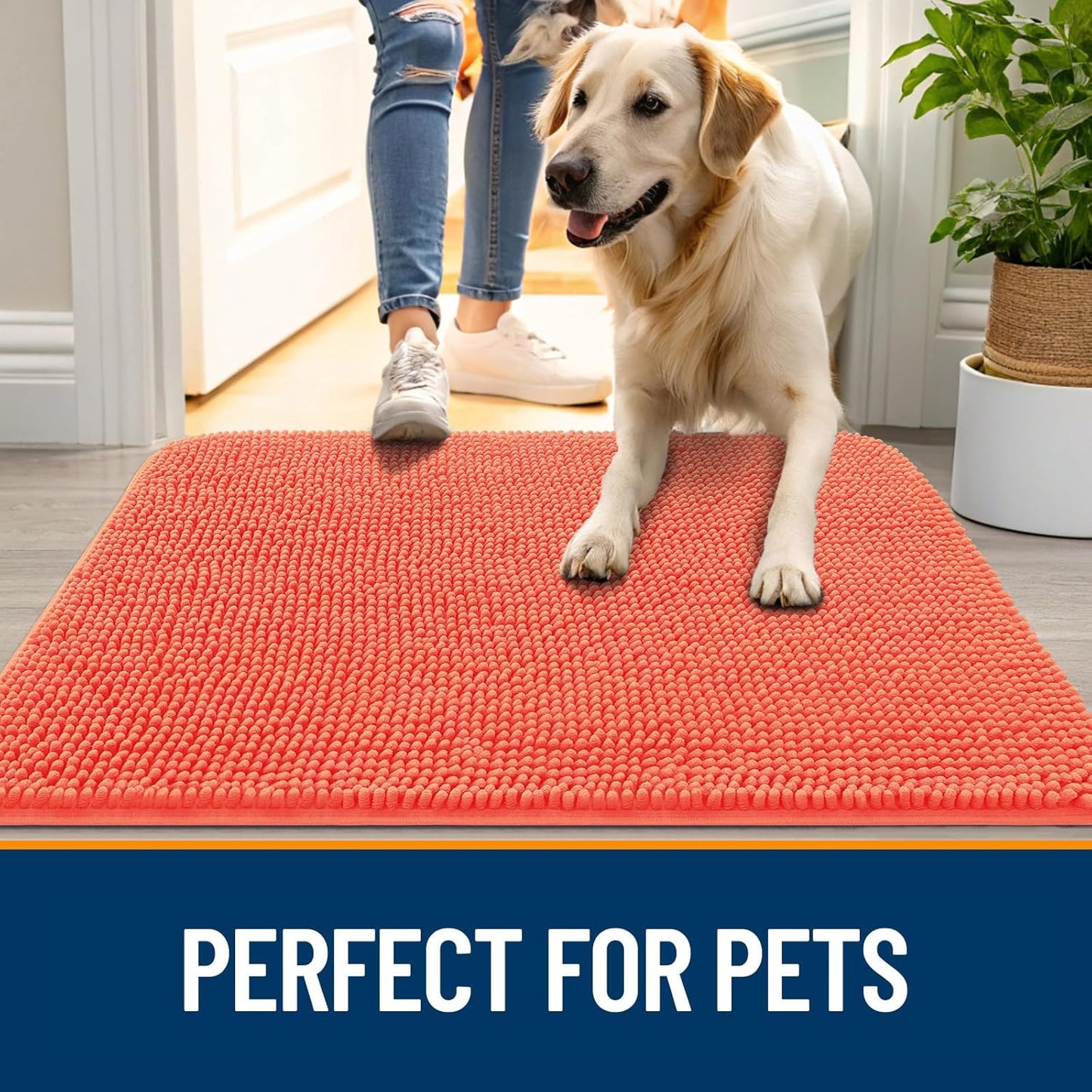 OLANLY Dog Door Mat for Muddy Paws 47x24, Absorbs Moisture and Dirt, Absorbent Non-Slip Washable Doormat, Quick Dry Chenille Mud Mat for Dogs, Entry Indoor Entryway Carpet for Inside Floor, Coral