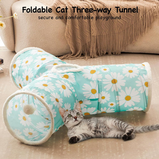 Tempcore Pet Cat Tunnel Tube Cat Toys 3 Way Collapsible, Cat Tunnels for Indoor Cats，Kitty Tunnel Bored Pet Toys Peek Hole Toy Ball, Puppy, Kitty, Kitten, Rabbit Daisy Blue Printed