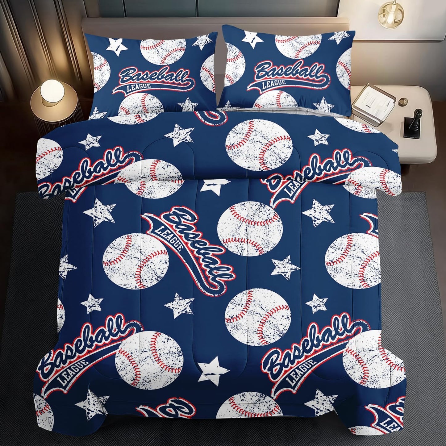 Baseball Comforter Set King,Sports Bedding Sets for Boys,Blue Sports Comforter King Bedroom Decor,Baseball Bedding Teen for All Seasons,Blue Quilt Kids Bedroom Decor