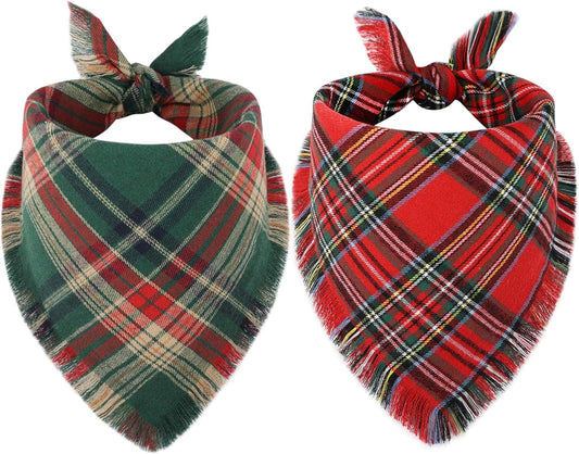 Vivifying Dog Christmas Bandana with Tassels Edges, 2 Pack Classic Plaid Triangle Dog Apparel & Accessories, Funny Holiday Pet Scarf Costume for Photo Prop, and Party Decor (Large, Red&Green)
