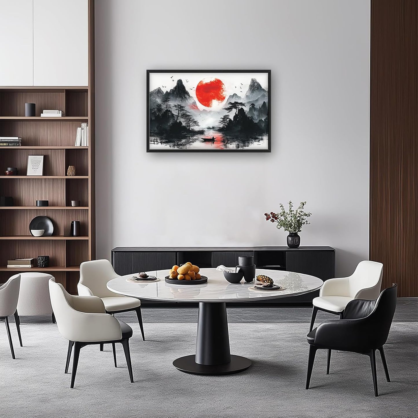 Framed Large Japanese Mountain Wall Art for Living Room, Oversized Asian Red Sun Lake Landscape Wall Decor Nature Canvas Painting Home Decoration for Living Room Bedroom Office 36"x24"