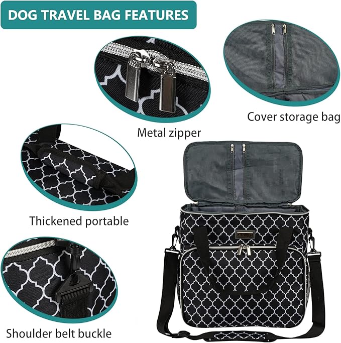 BAGLHER Dog Travel Bag, Pet Travel Bag (ALL Pet Travel Supplies), With 2 Pet Food Containers and 2 Collapsible Silicone Bowls; Essential Kits for Pet Travel DLblack