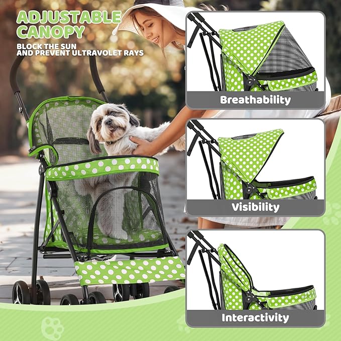 Magshion Compact Pet Stroller for Small-Medium Dogs/Cats up to 22lbs, 4-Wheel Lightweight Umbrella Shaped Portable Puppy Travel Jogger with Breathable Mesh & Rear Storage, Lawn Green Polka Dots