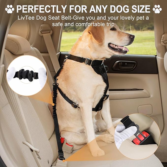 LivTee Dog Seat Belt for Car, Retractable Pet Safety Harness, Adjustable Nylon Dog Seatbelt Leash, Comfortable Dog Accessories for Vehicles (Black-1PCS)