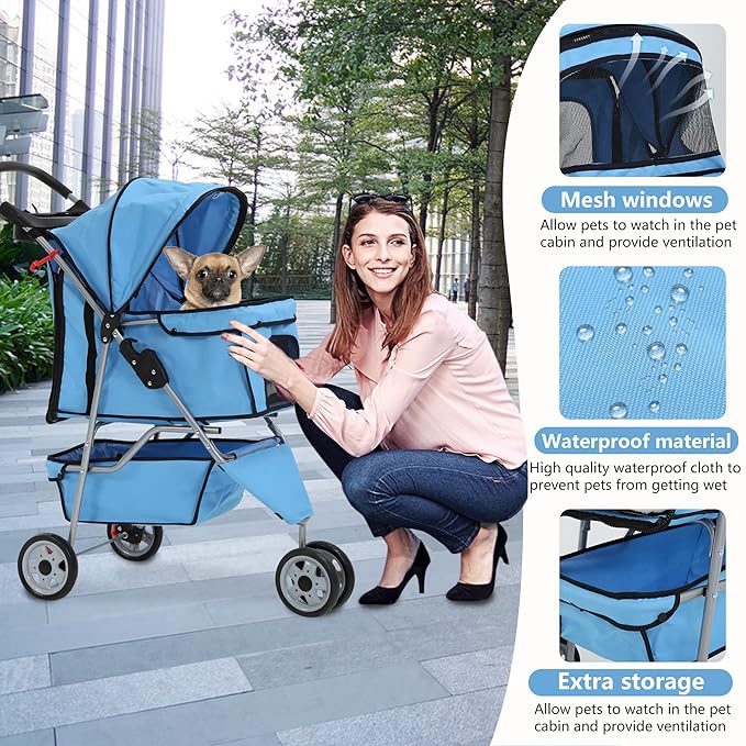 Dog Stroller,3 Wheels Travel Folding Pet Stroller for Small Medium Dog Cat Jogger Stroller with Storage Basket Removable Liner Blue