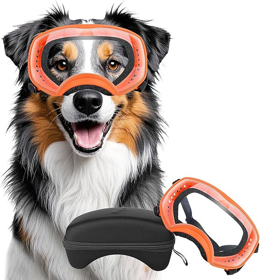 Dog Sunglasses UV Protection Clear Dog Goggles Windproof Glasses with Elastic Straps for Medium-Large Breed, Orange Frame + Clear Lens