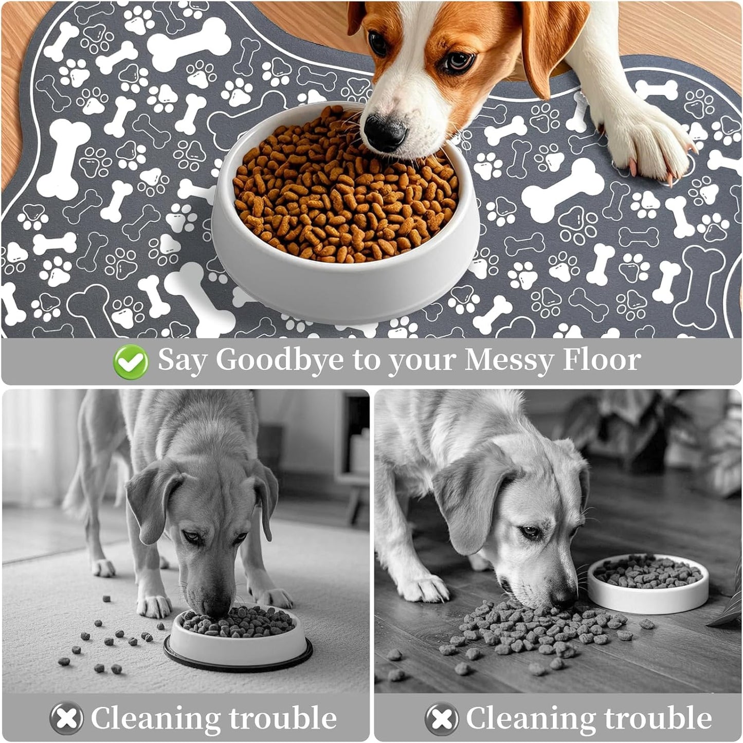 Dog & Cat Food Mat Bone Shaped Pet Feeding Mat Quick Absorb Water Bowl Placemat with Rubber Backing Indoor Floor Stain Resistant Pet Accessory Supplies (Dark Gray, 17x29 Inches)