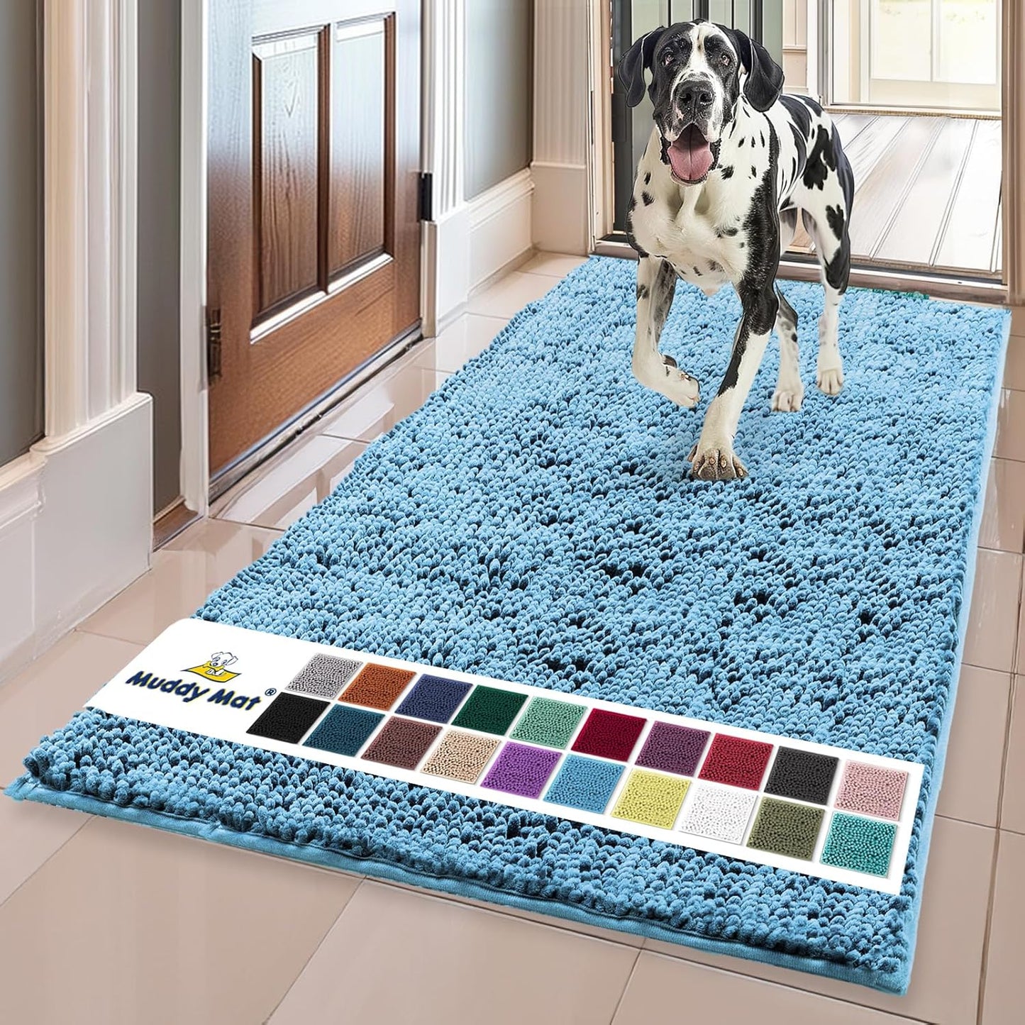 Muddy Mat® Shown on TV – Super Absorbent Door Mat Indoor, Microfiber Quick Dry Chenille Entryway Rug, Non-Slip Front Door Mat, Indoor Mats for Entryway, Machine Washable Pet Rug, Sky Blue 36"x60"
