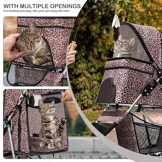 MoNiBloom 3 Wheels Pet Dog Cat Stroller for Small Medium Dogs Cats, Lightweight Foldable Jogger Stroller w/Storage Basket & Cup Holder, Leopard Print