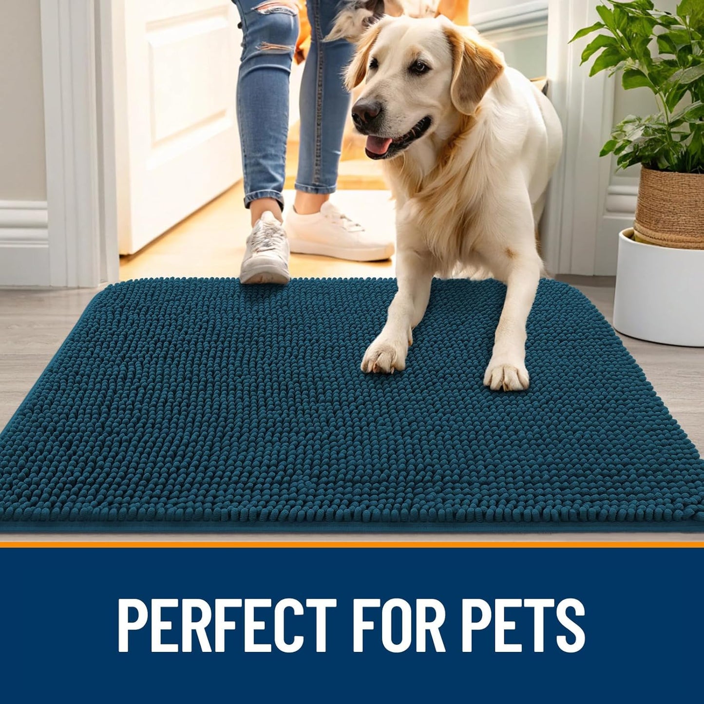 OLANLY Dog Door Mat for Muddy Paws 36x24, Absorbs Moisture and Dirt, Absorbent Non-Slip Washable Doormat, Quick Dry Chenille Mud Mat, Entry Indoor Entryway Carpet for Inside Floor, Atlantic Blue