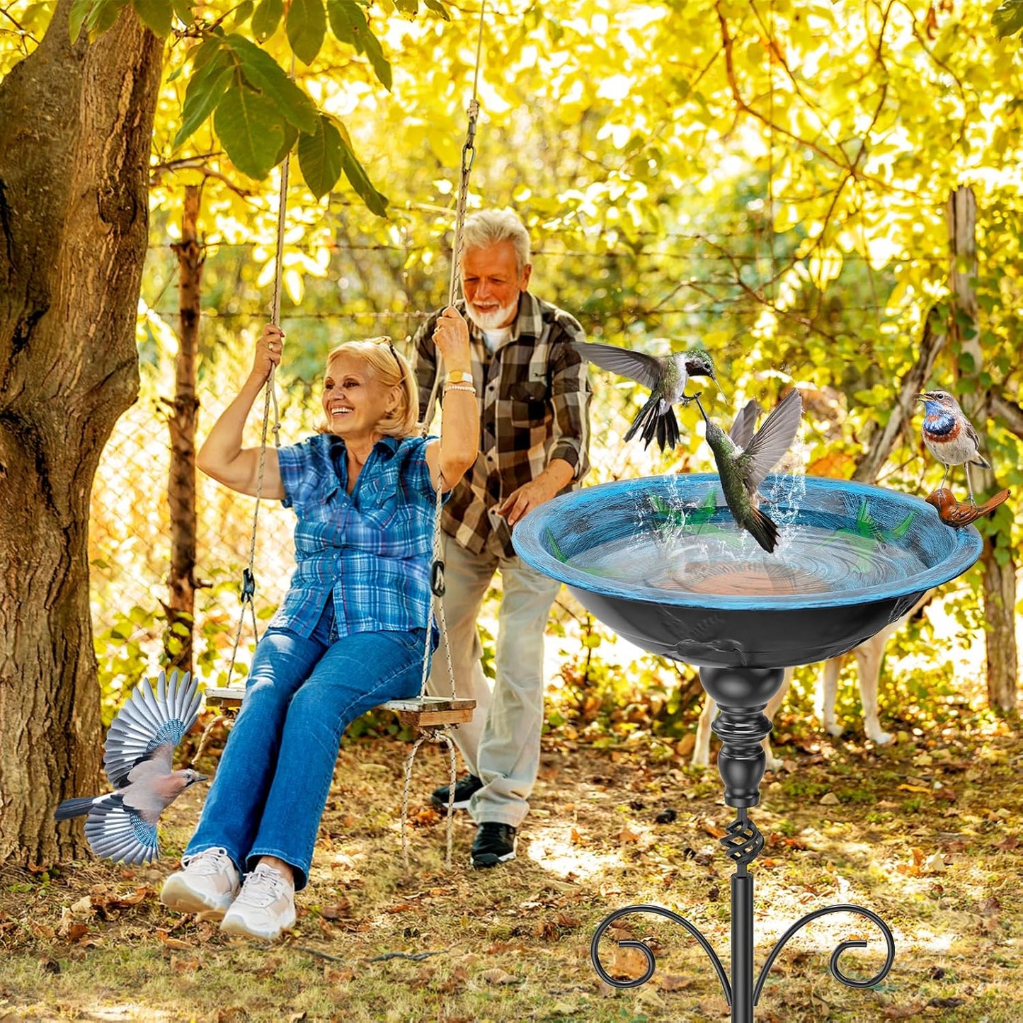 35In Tall Bird Bath for Outside, Vintage Metal Birdbaths & Birdfeeder with 5 Prong Bases for Outdoors, Freestanding Bird Baths Feeder Bowl with for Garden Yard Lawn Decor (Retro Blue)