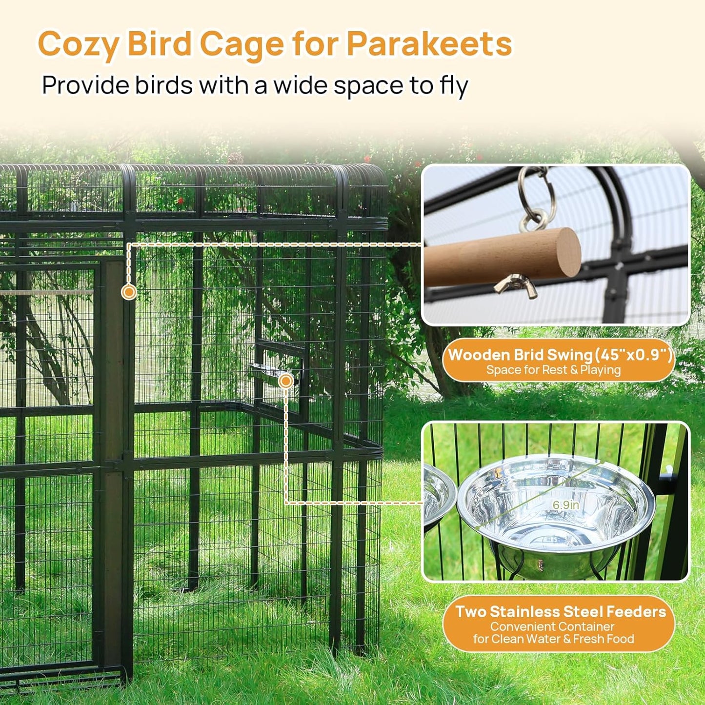 Large Bird Cage for Parakeets Outdoor Bird Aviary Parrot Cage with Perch, Walk-in Heavy Duty Birdcage for Macaws Canaries Parrots Budgie Lovebirds, Black