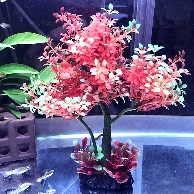 Mipukbay Aquarium Plants Tree - Red & Green Artificial Plastic Fish Tank Decor, Realistic Ornament Safe for Fish & Shrimp, Low-Maintenance Aquascaping Plants for Freshwater/Saltwater Tank Landscaping