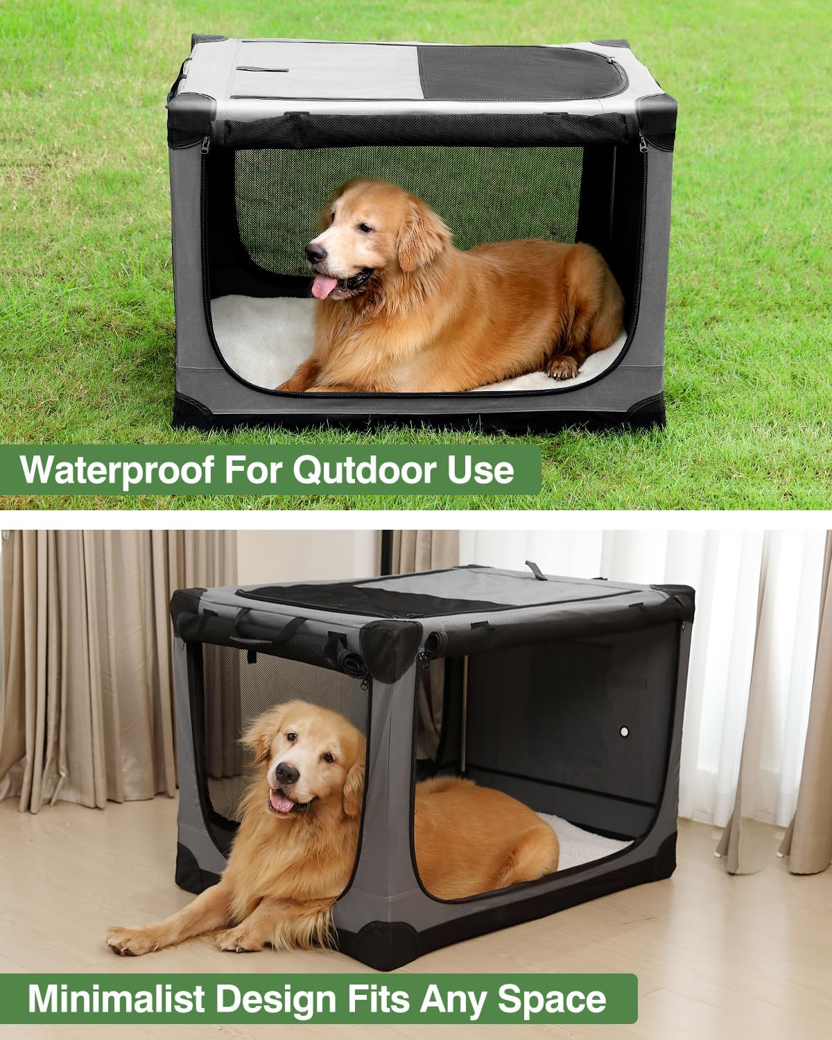 36 Inch Collapsible Travel Dog Crate for Medium Large Dogs, Portable Dog Crate 4-Door Foldable Soft Kennel with Durable Mesh Windows for Indoor & Outdoor Travel, with Storage Bag,Grey