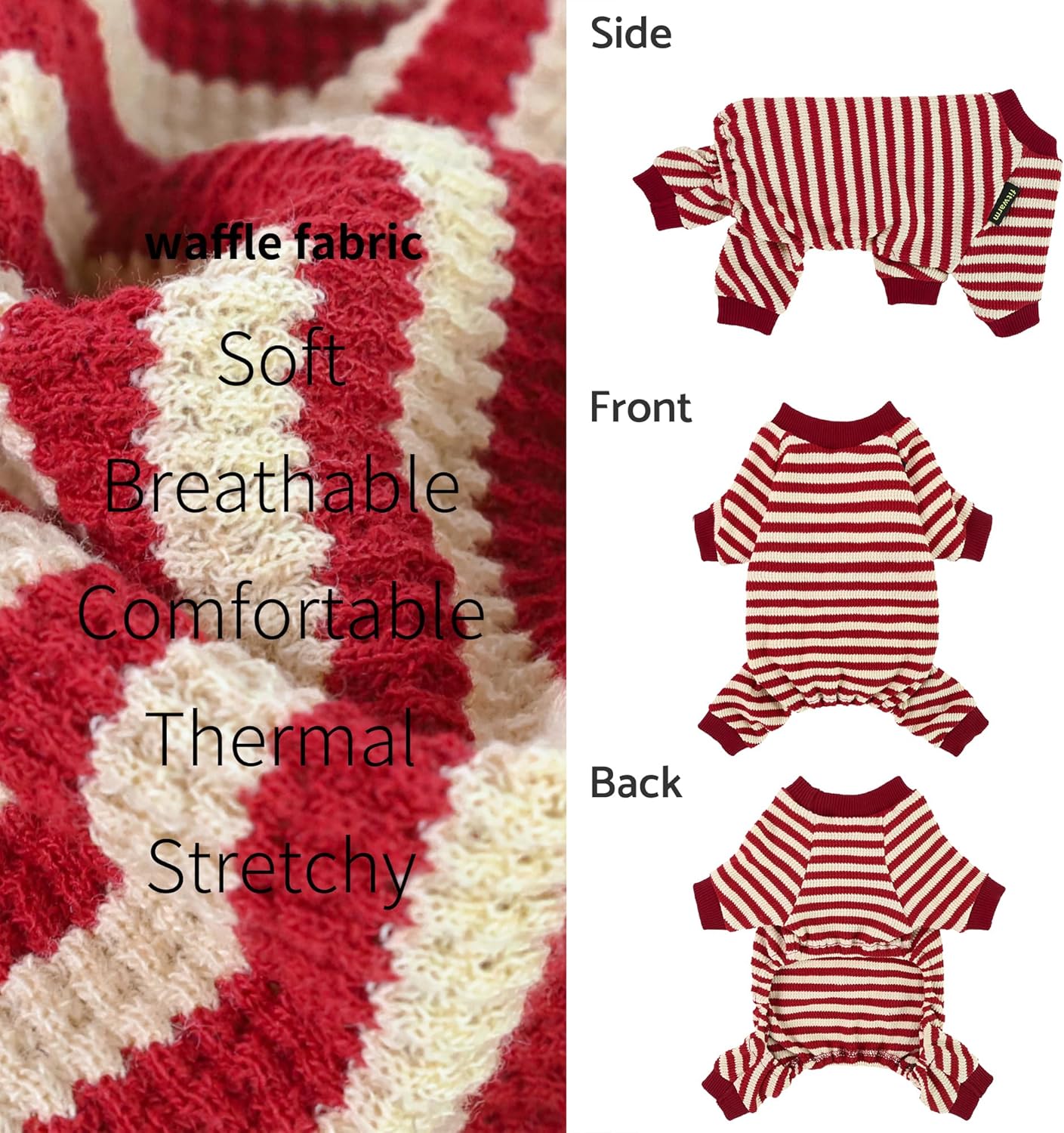 Fitwarm Red and White Striped Dog Pajamas, Waffle Dog Clothes for Small Dogs Girl Boy, Puppy Onesie with Feet, Pet Christmas Outfit, XXL