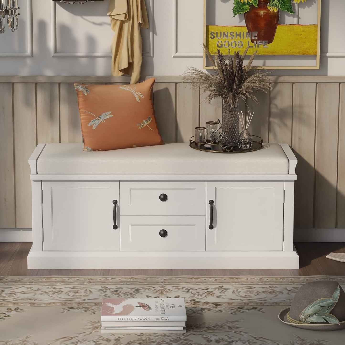 Storage Bench with 2 Drawers and 2 Cabinets, Pine Wood Shoe Bench with Removable Cushion for Living Room, Entryway 42.5" L x 15.9" W x 17.5" H (White)