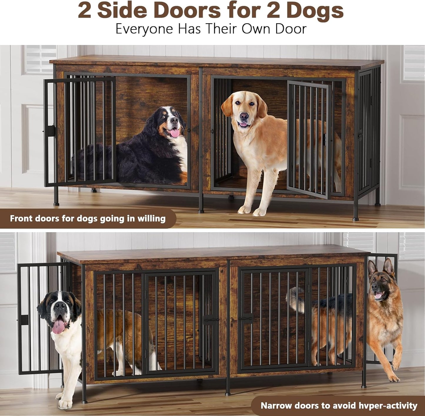 EasyCom 78 Inch Dog Crate Furniture for 2 Dogs, Extra Large Double Dog Cage Large Breed, XXL Thick Wooden Dog Crate TV Stand, Sturdy Dog Kennel with Divider