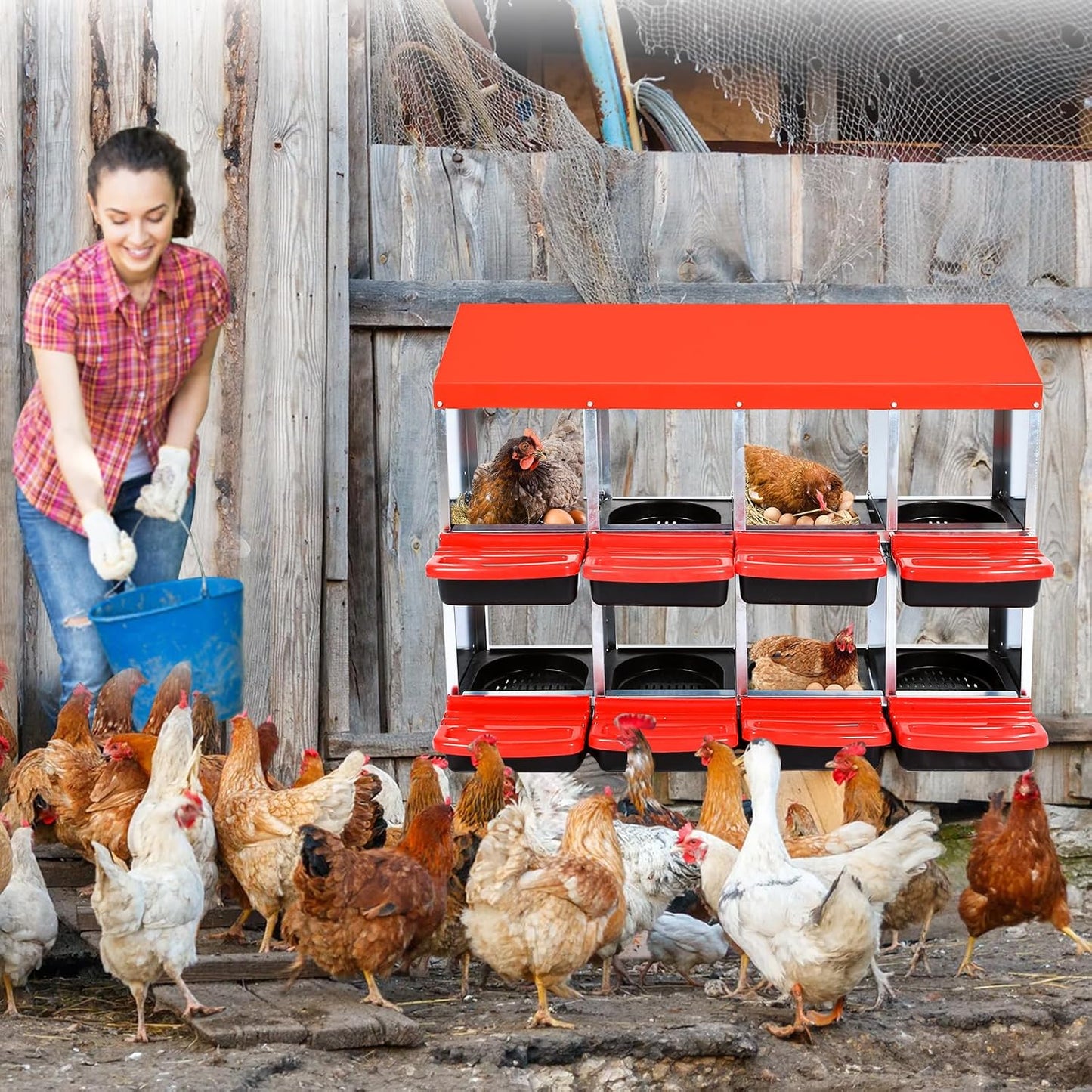 Nesting Boxes for Chickens, Chickens Laying Boxes for Chicken Coop, 8 Compartments Chicken Nesting Boxes, with Removable Tray, Easy Cleaning, for Hens Outdoor Chicken Coop Farm Yard, Red