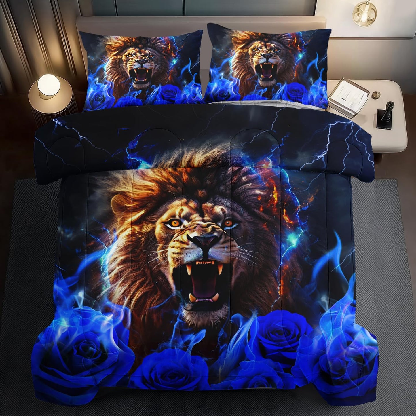 Lion Blue Comforter Set Queen,Lion Bedding Set Boys,Animal Print Comforter Bedroom Decor for Home,Vintage Floral Quilt,Blue Flower Bedding Adult,Tiger Quilt Bed Decor Teen