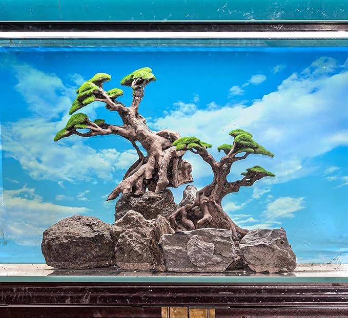 Novelsite Fish Tank Decorations - Large Bonsai Trees with Faux Moss- Aquarium Rocks Aquascaping- Made of Sandstone 17" x 8.6" x 5" Enhance Aquatic Landscape with Realistic Natural Look